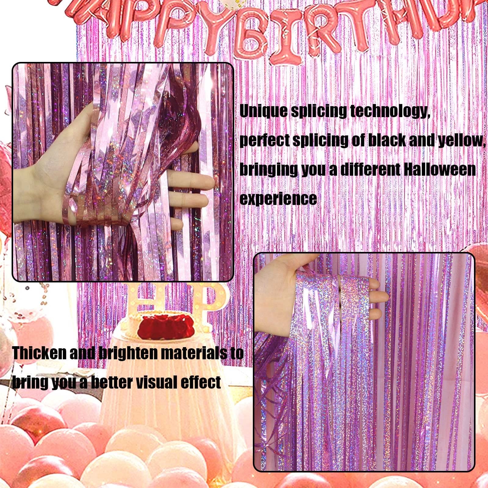 Pink Foil Fringe Curtain Backdrop 3.28×8.2 Ft Metallic Tinsel Streamer 4 PCS