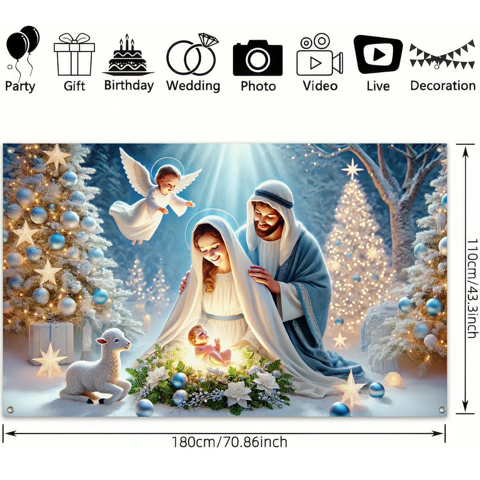 Nativity Christmas Banner 71×43 Inch Holy Family Backdrop with Baby Jesus Ang…