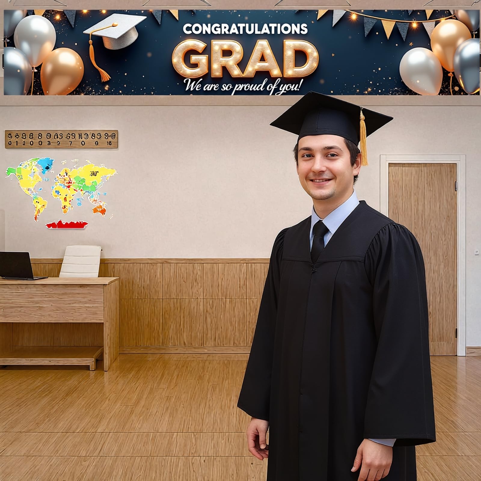Graduation Banner 2026 Gold and Navy Blue Congrats Grad Banner Class of 2026 Dec