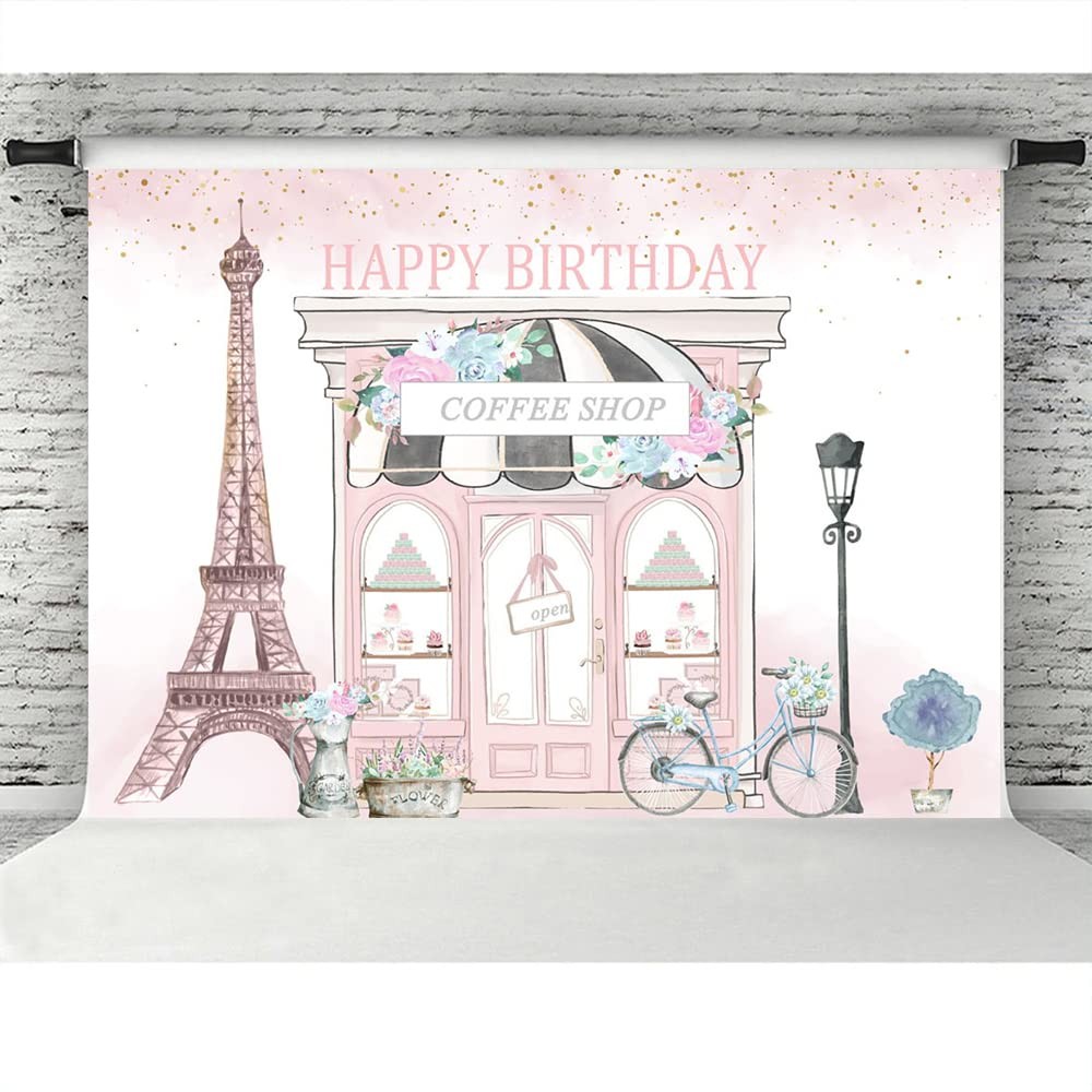 Birthday Backdrop 7x5ft Girls Pink Paris Eiffel Tower Party Photo Background