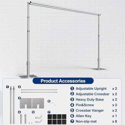 Backdrop Stand Heavy Duty 8.9x10Ft, Double Crossbar Pipe and 8.9x10FT Silver