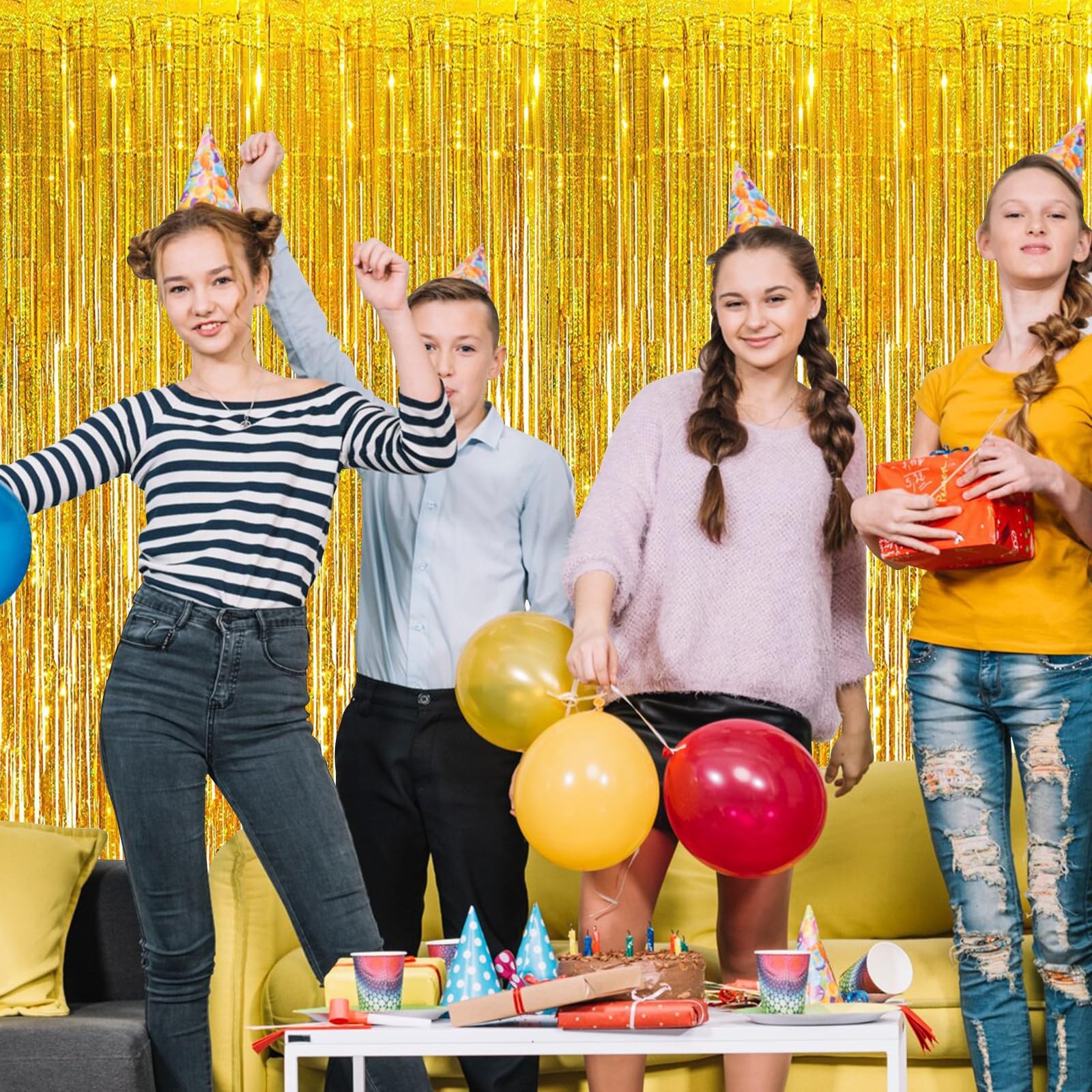 New Best 10 Pack Gold Foil Curtain Backdrop 3.2ft x 9.8ft Metallic Tinsel Fringe