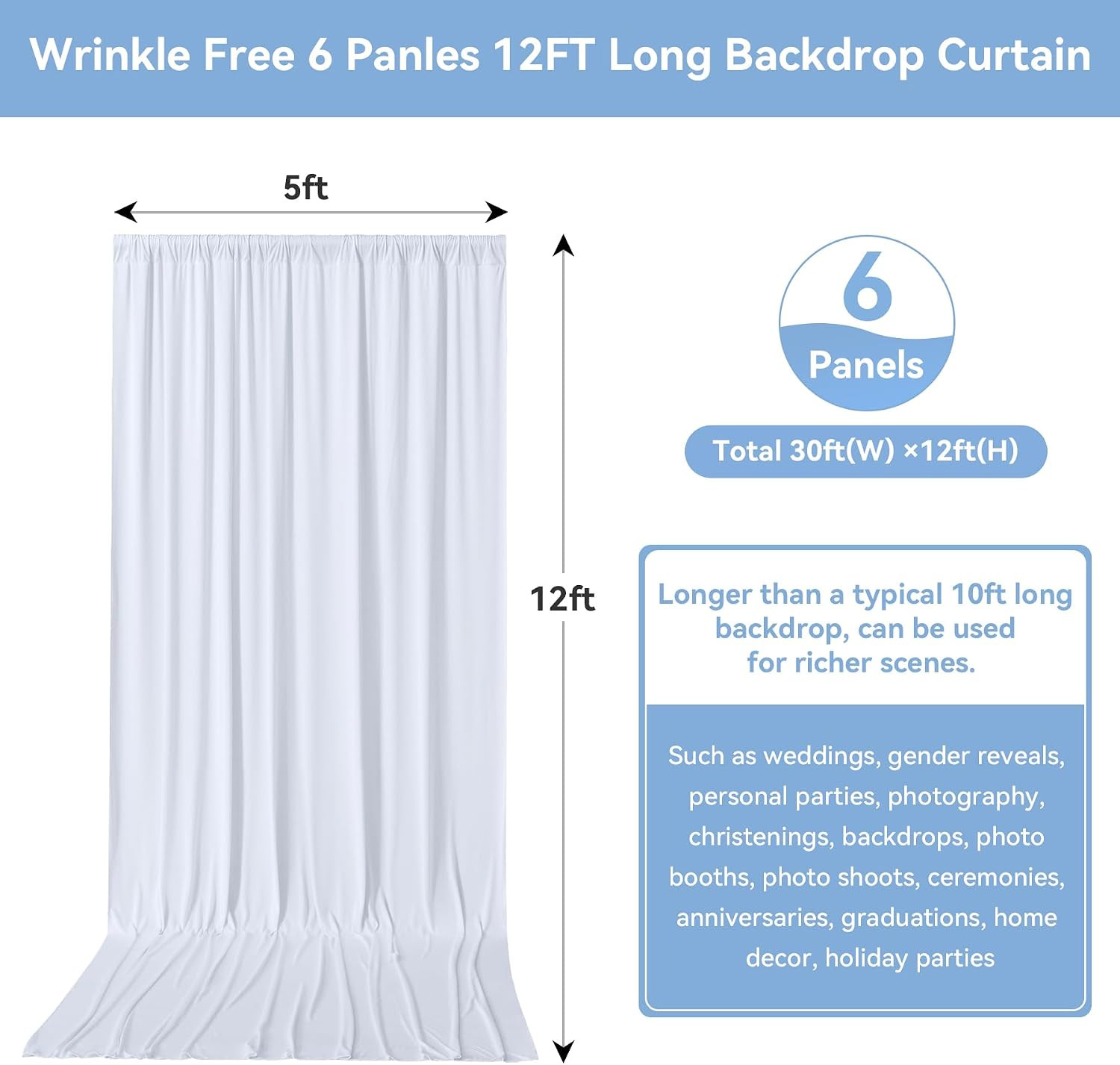30FTx12FT White Wrinkle-Free Wedding Backdrop Curtain -Silky Washable White Poly
