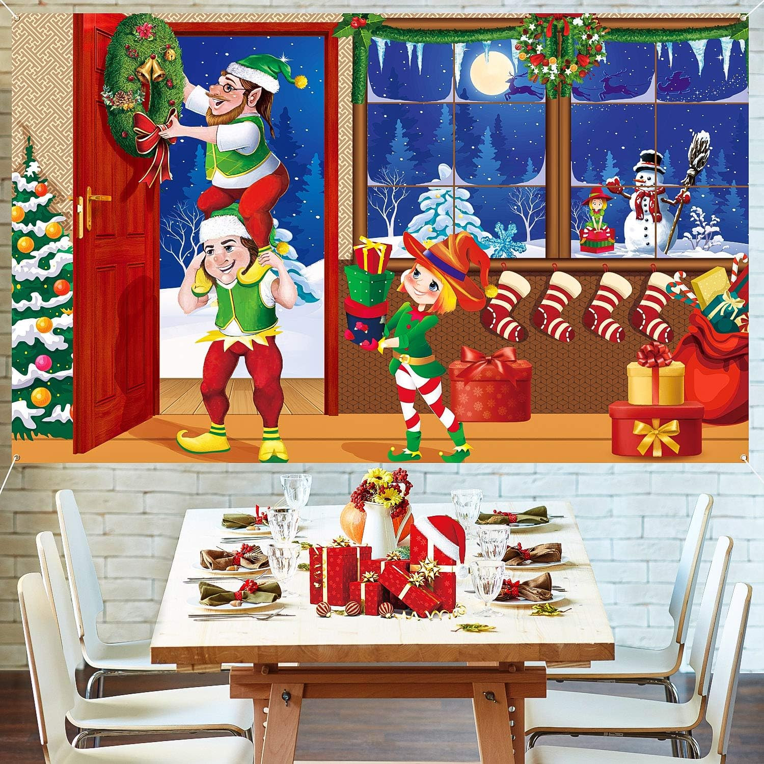 Merry Christmas Elves Backdrop 70.8×43.3 Winter Photo Wall Banner Decoration Joy
