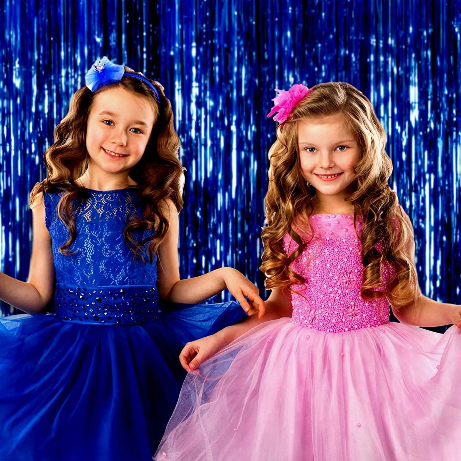 4 Pack Blue Foil Fringe Curtain Backdrop Metallic Tinsel Photo Booth Props
