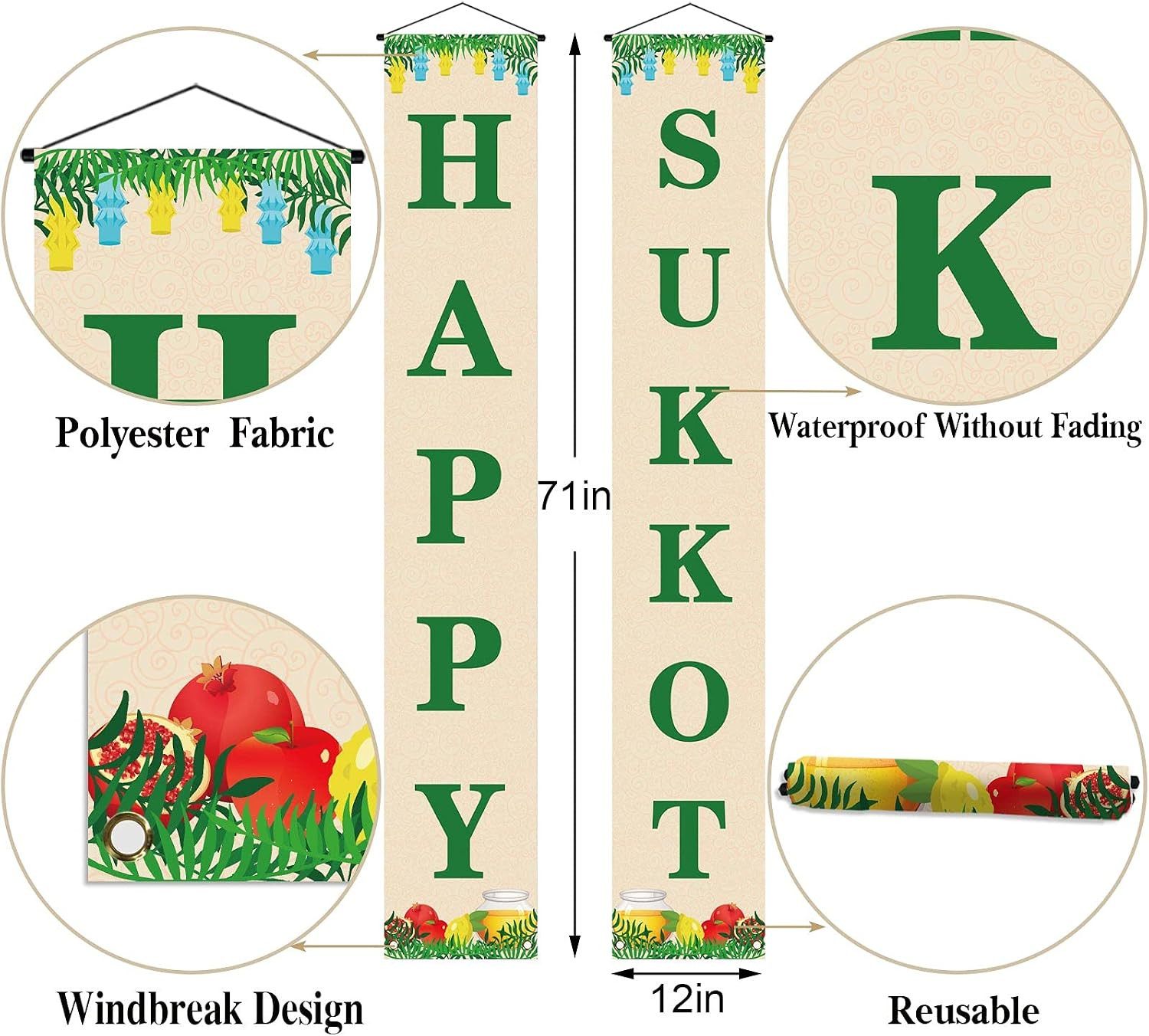 Happy Sukkot Porch Banner Sukkah Etrog Jewish Holiday Celebration Front Door Sig