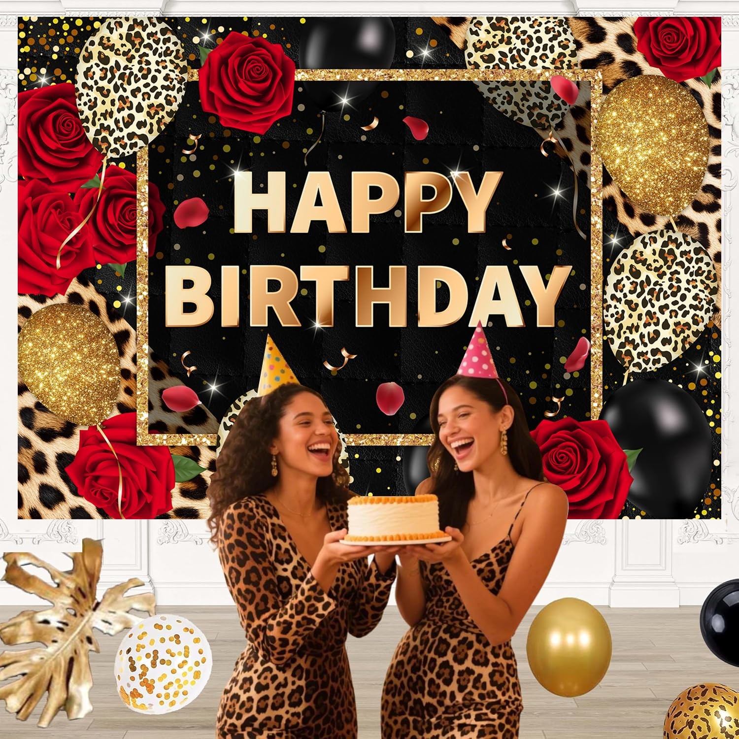 7x5ft Leopard Print Happy Birthday Backdrop Black 7x5ft, red, brown, black