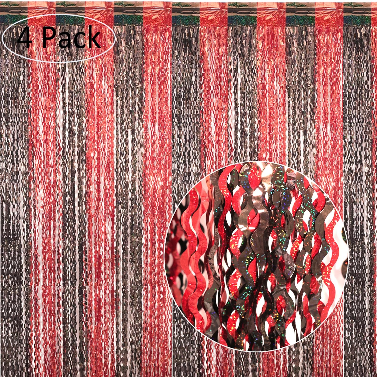 Red Black Foil Fringe Backdrop Curtains 4 PCS 3.3×6.6ft Wavy Tinsel Streamer