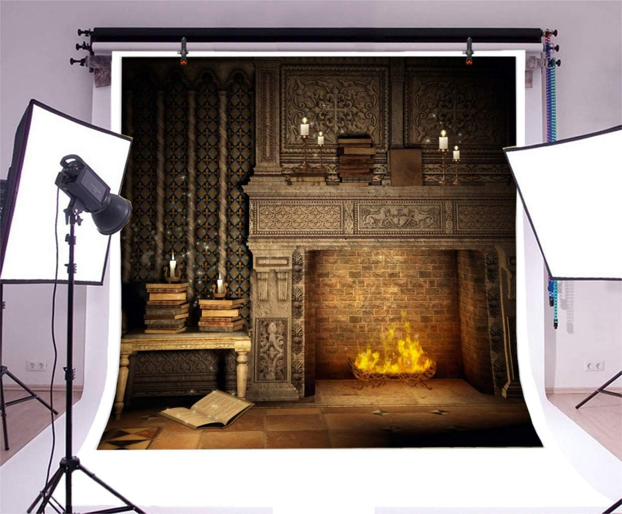 Magical Fantasy Room Vinyl Backdrop 10x10Ft with Fireplace & Books