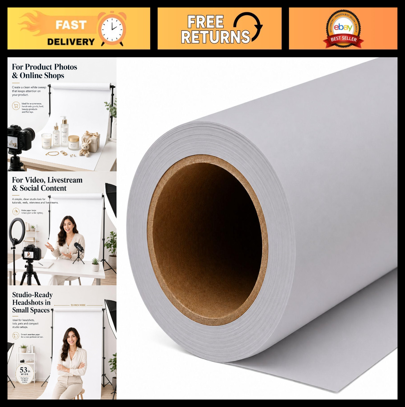 Seamless Grey Backdrop Paper Roll 53″x16.4″ – Heavyweight Matte for Studio & Pro
