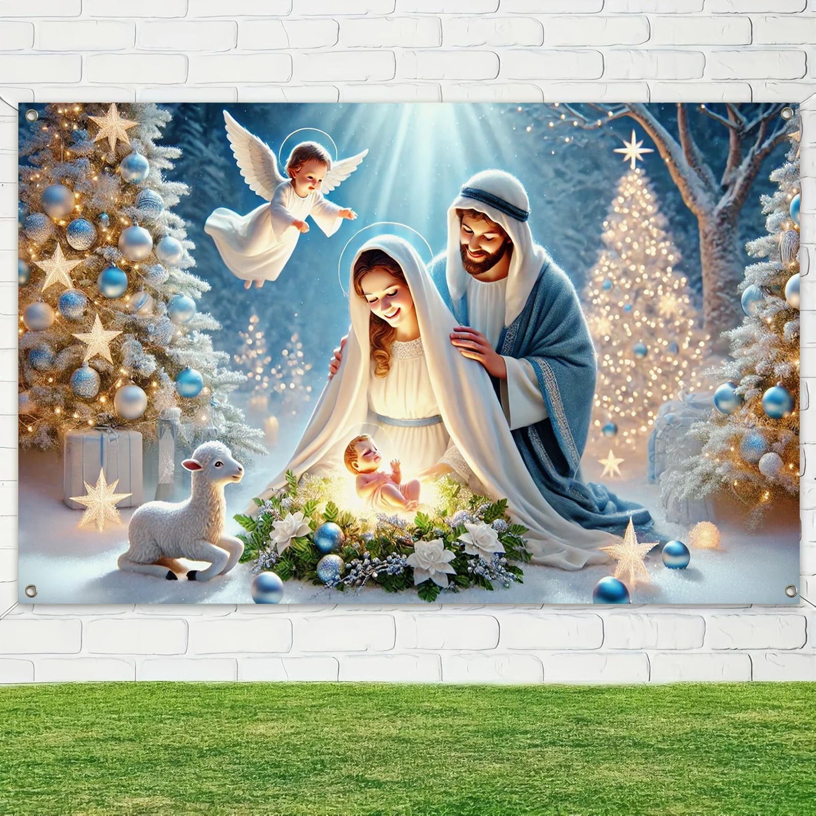 Nativity Christmas Banner 71×43 Inch Holy Family Backdrop with Baby Jesus Ang…