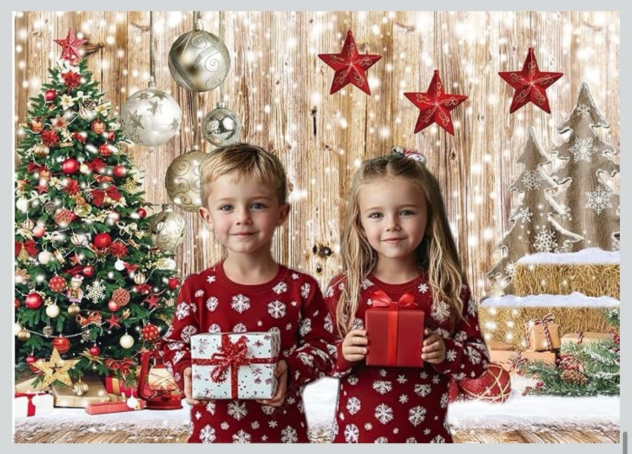 10’X10ft. Rustic Christmas Family photo Background backdrop- Snow, Tree, Gifts