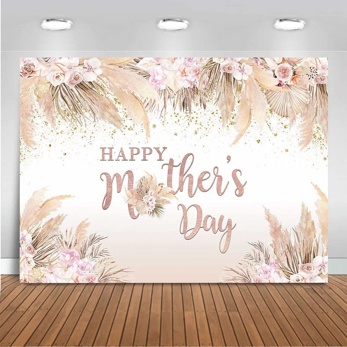 7x5ft Mothers Day Backdrop Boho Flowers Happy Mother’s Day Banner Pampas Grass