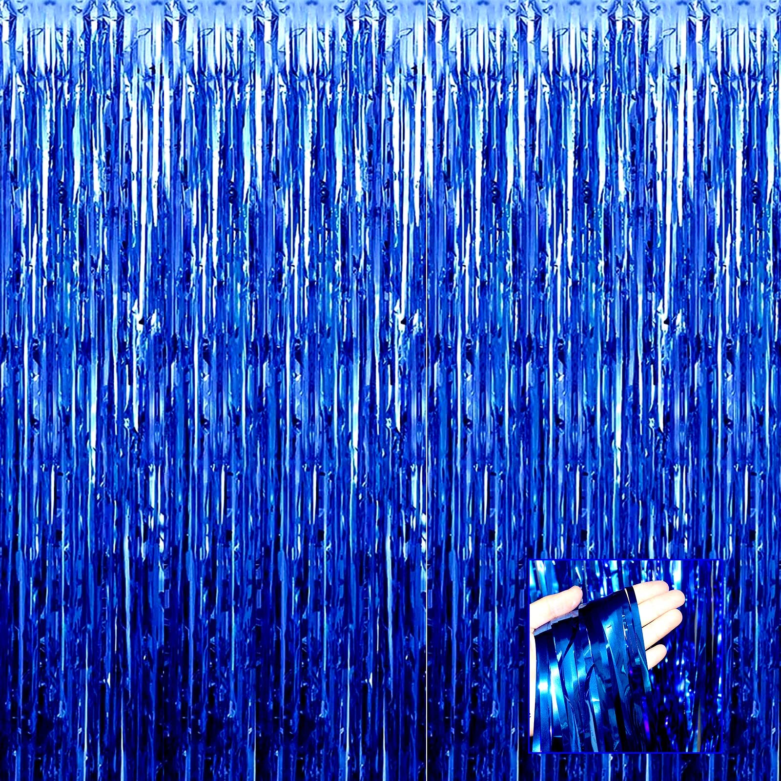 4 Pack Blue Foil Fringe Curtain Backdrop Metallic Tinsel Photo Booth Props