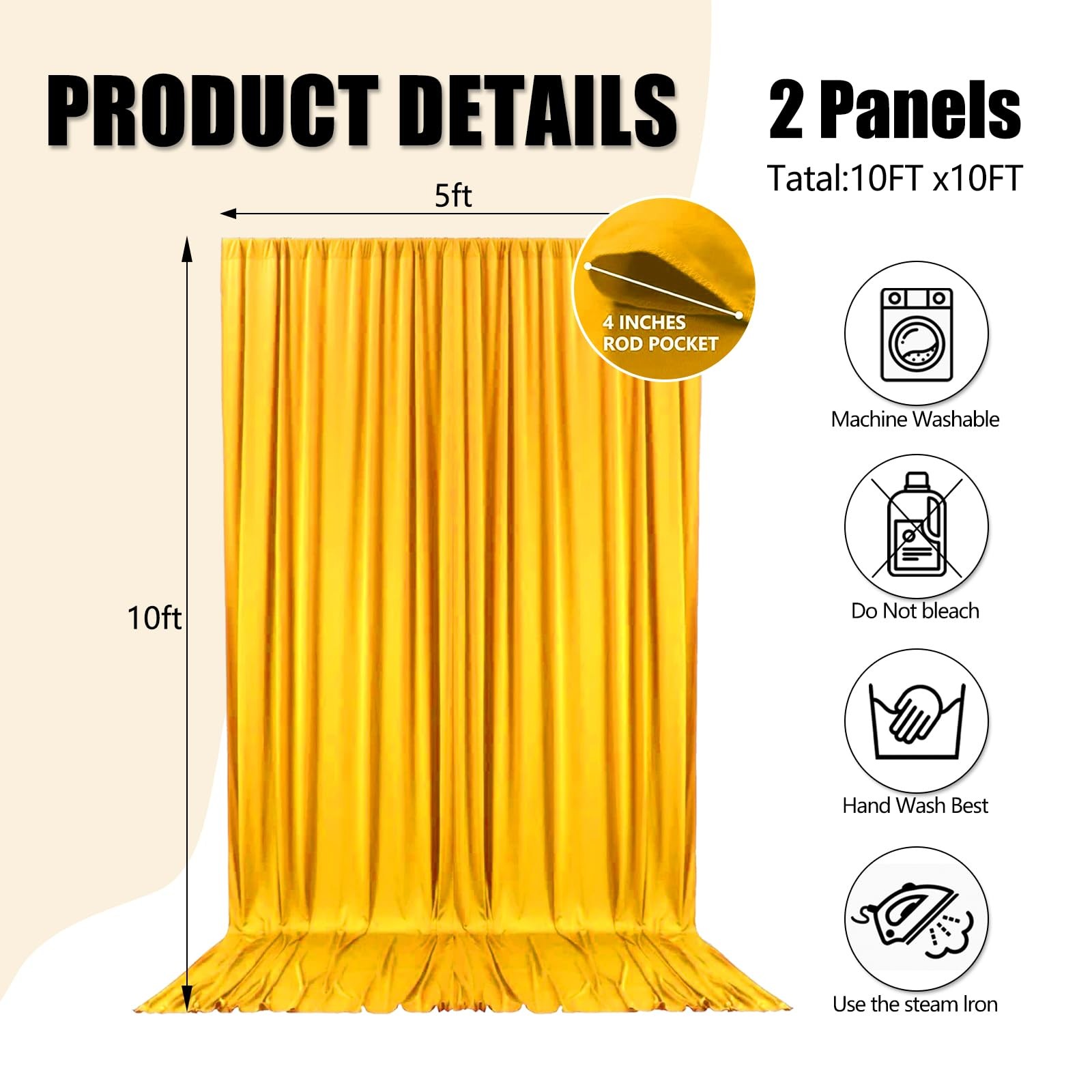 2 Panels 10x10ft Gold Yellow Backdrop Curtains Satin Fabric Photography Drapes