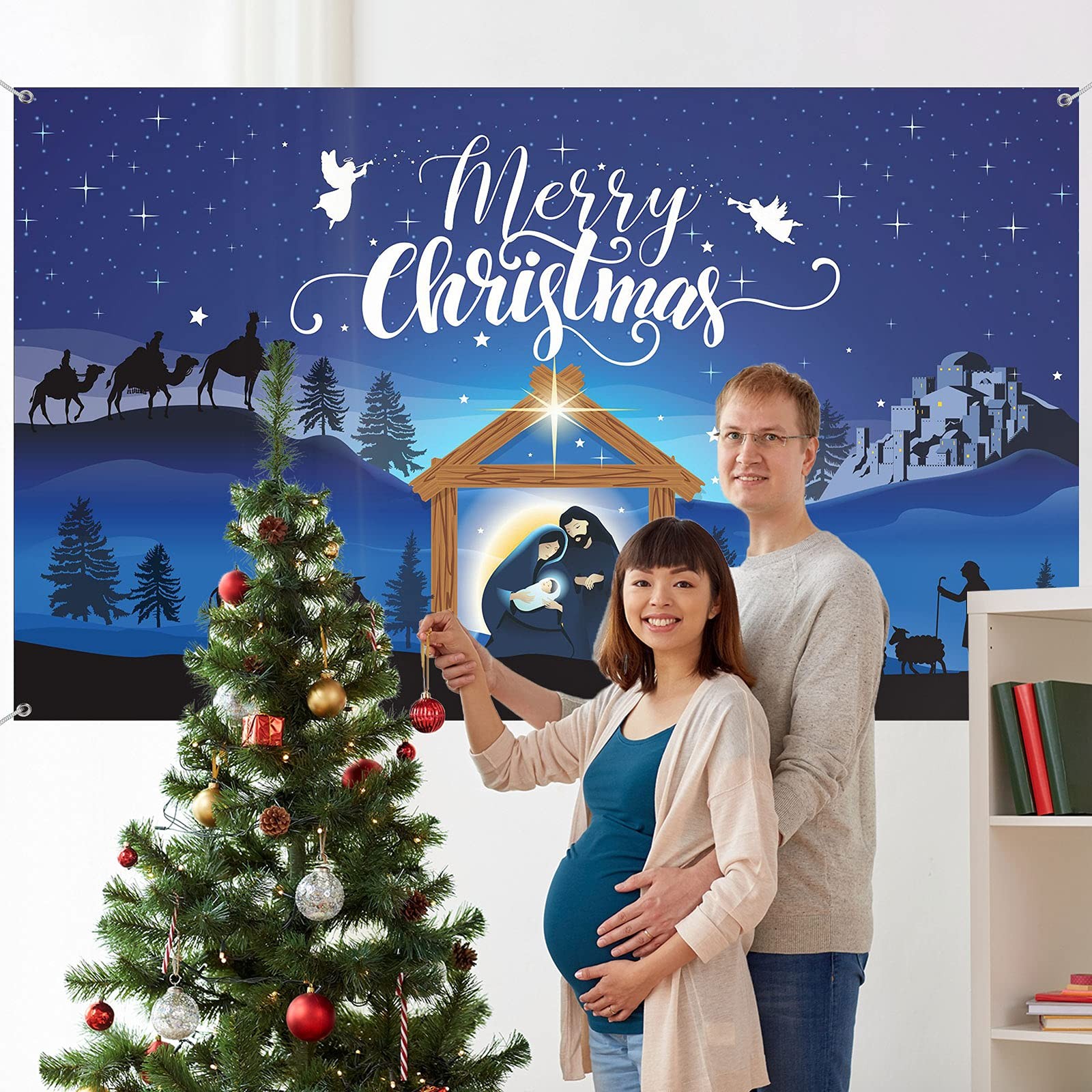 Merry Christmas Nativity Scene Banner – Large Blue Backdrop Large, Blue,White