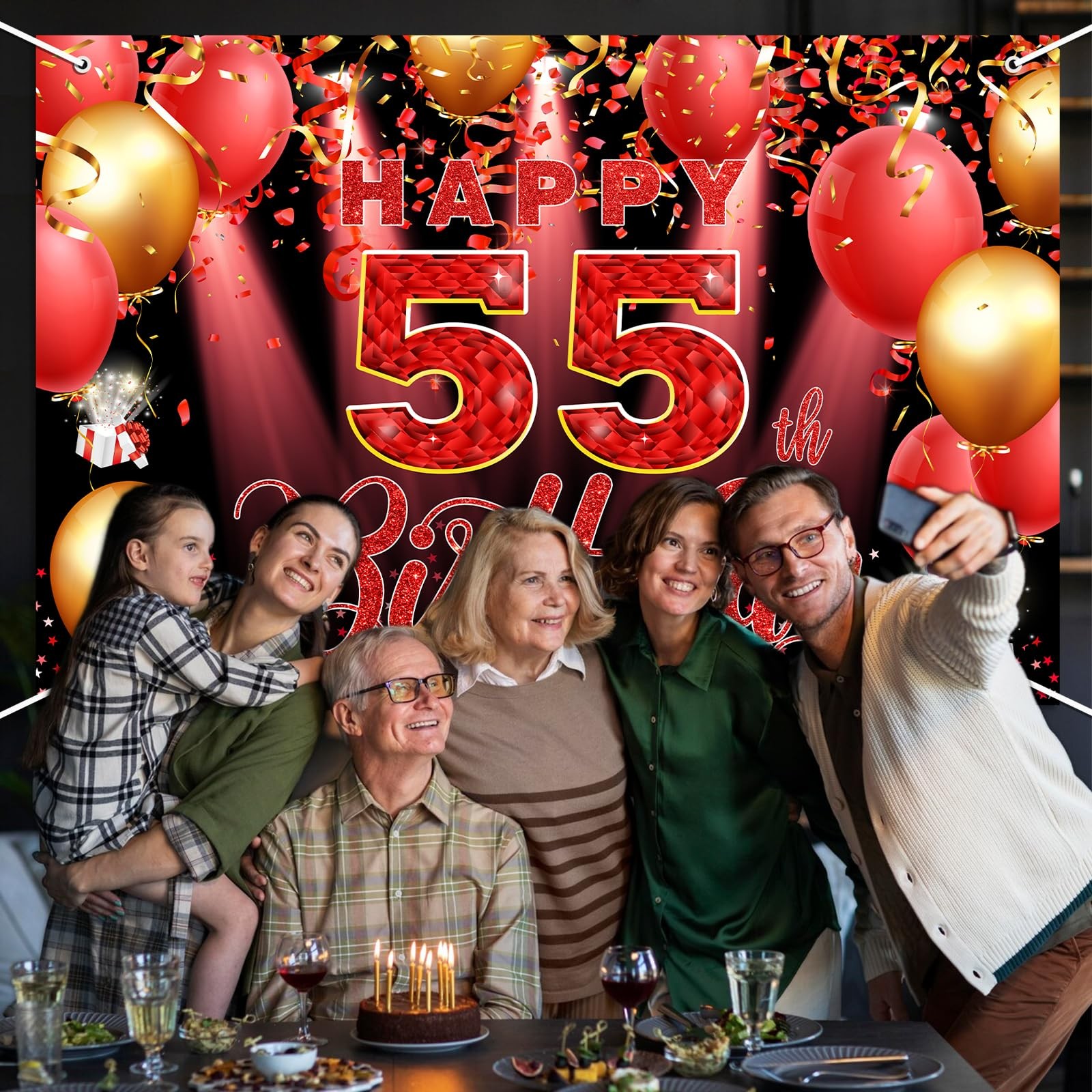 Red 55th Birthday Party Backdrop Banner 6x4ft with Rope, Polyester Fabric, Pe…