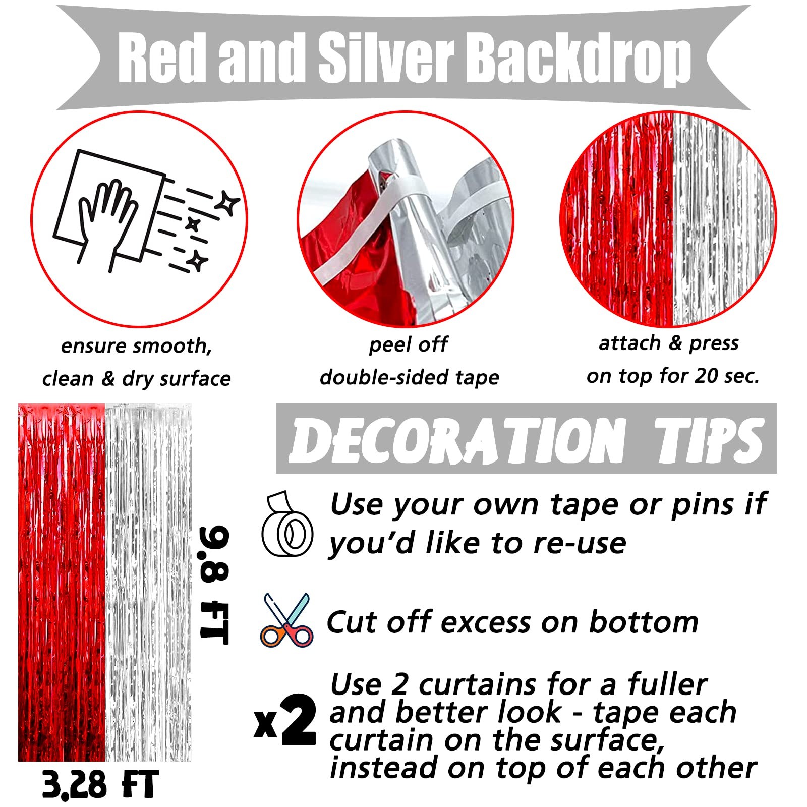 4 PCS 3.2×9.8Ft Red Silver Fringe Curtain Backdrop Metallic Tinsel Foil