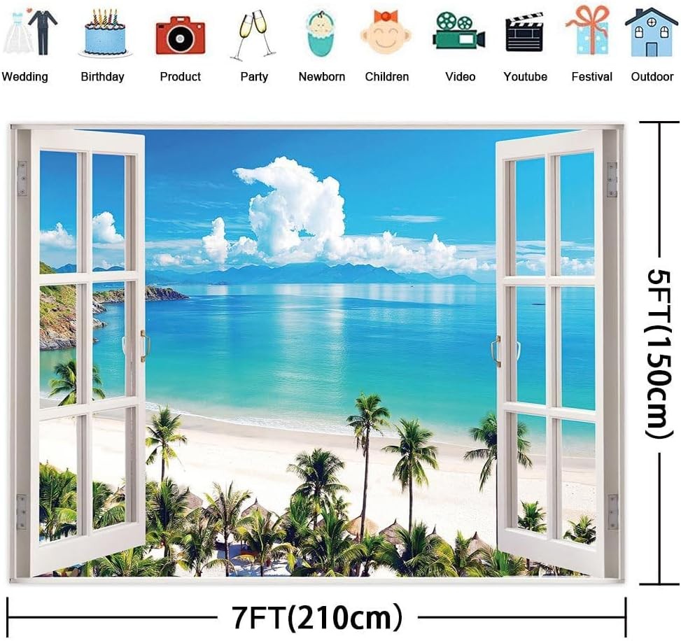 Summer Beach Window Backdrop, Hawaii Tropical Island Palm 5X3FT, Sky Blue