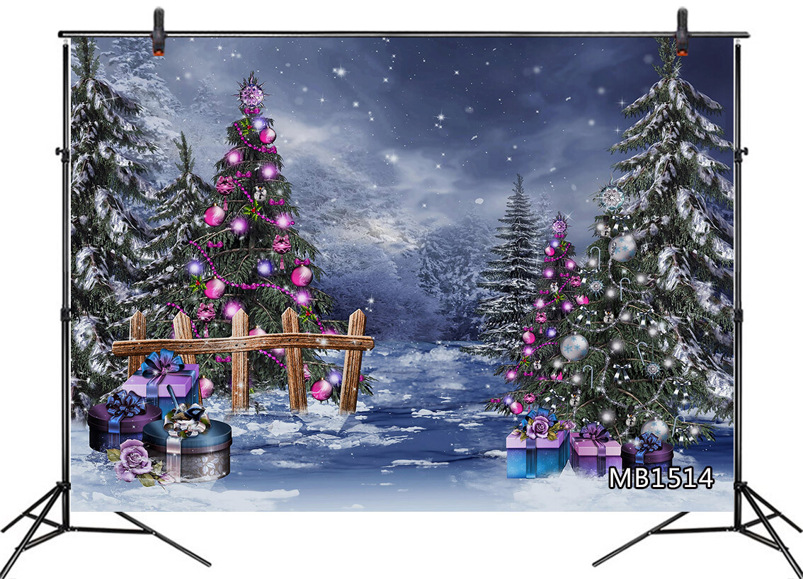 Winter Snow Forest Backdrop Purple Christmas Ball Gifts Background Studio Props