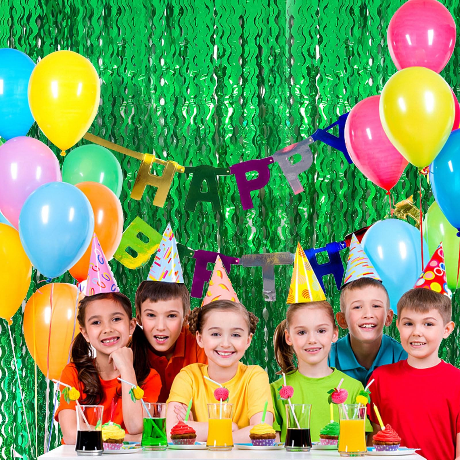 Green Tinsel Foil Fringe Curtains Wavy Backdrop for Party 2 Pack,