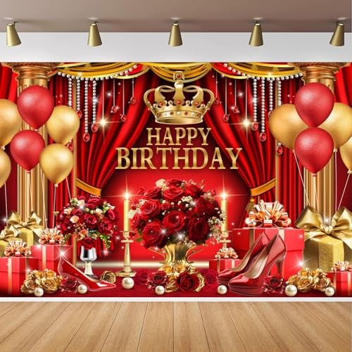 Red and Gold Birthday Backdrop for Happy Birthday Party Decorations, 5x3FT