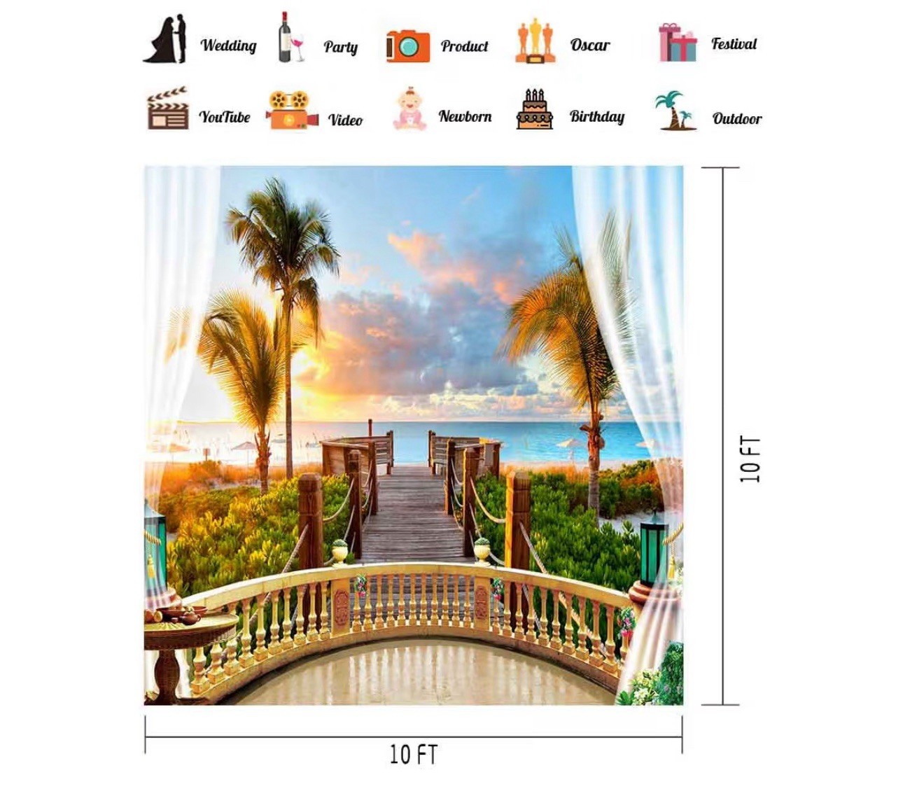 10×10 Ft Tropical Balcony Sea Beach View Tapestry Seaside Photo Backdrop