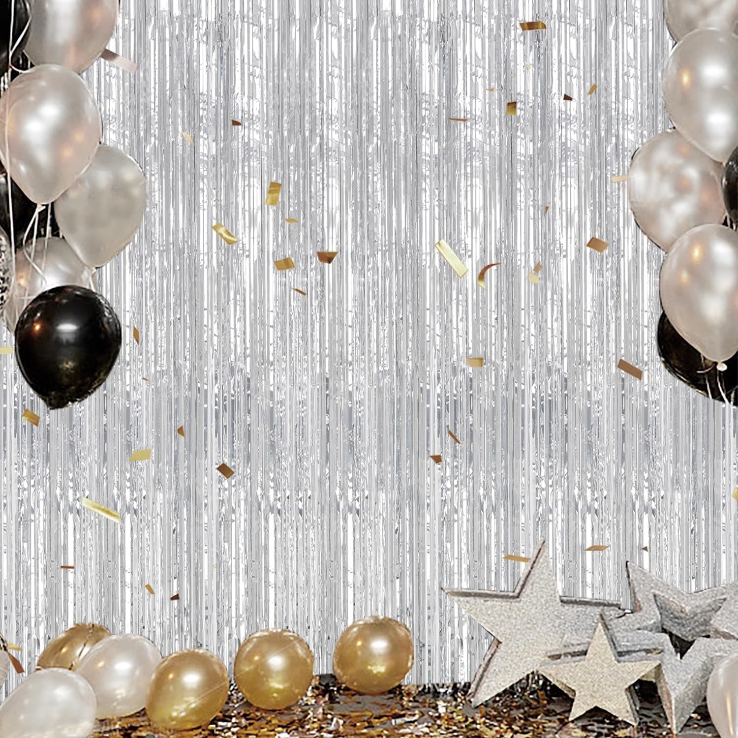 Silver Foil Fringe Backdrop 3.3×8.2 FT Metallic Tinsel Party Curtains 3 PCS