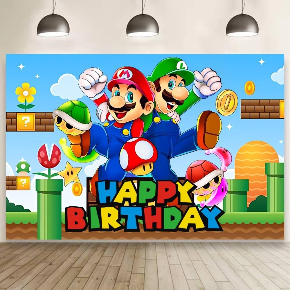 Mario Wall Decor Backdrop for Kids Birthday Decorations, Mario Banner for Bir…