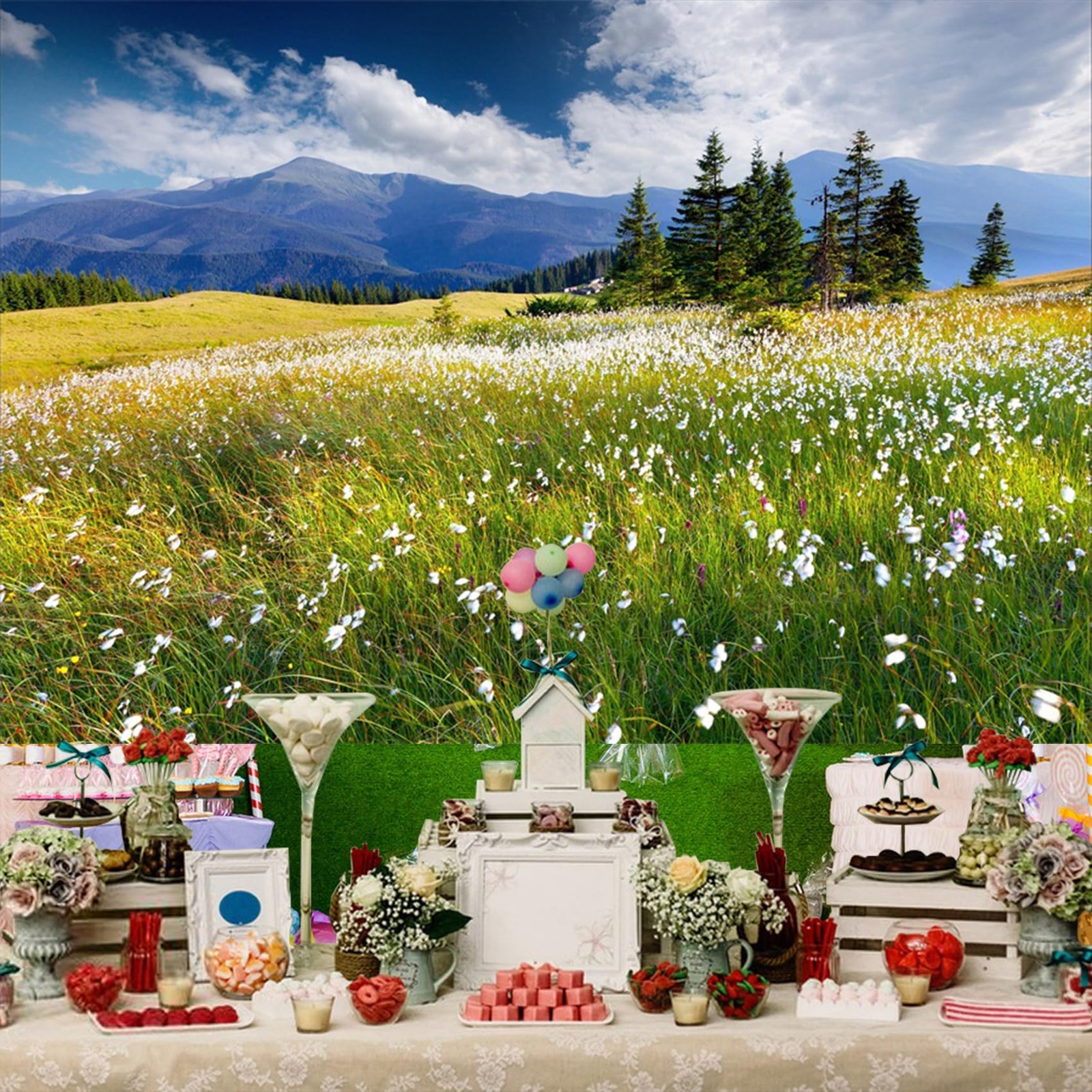 8x6ft Summer Landscape Backdrop Flower Mountain Photo Background Vinyl