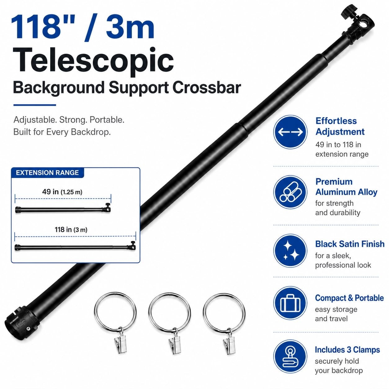 118″”/3M Aluminum Alloy 3 Section Telescopic Background Support Cross Arm Cro…