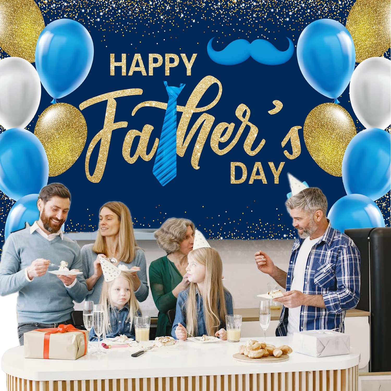 Fathers Day Decorations Backdrop, Happy Father’s Day Banner with Gold Balloons..