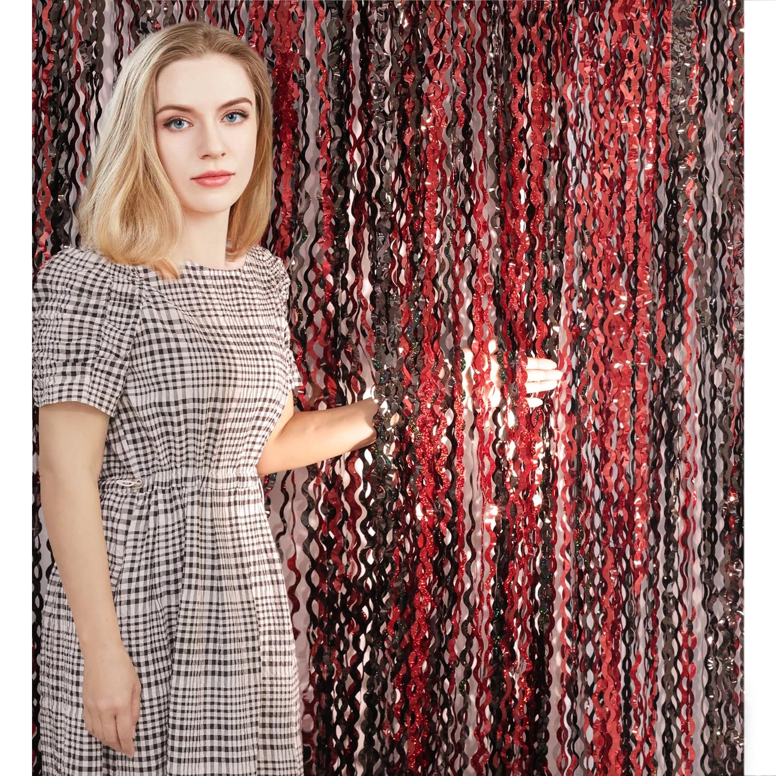 Red Black Foil Fringe Backdrop Curtains 4 PCS 3.3×6.6ft Wavy Tinsel Streamer
