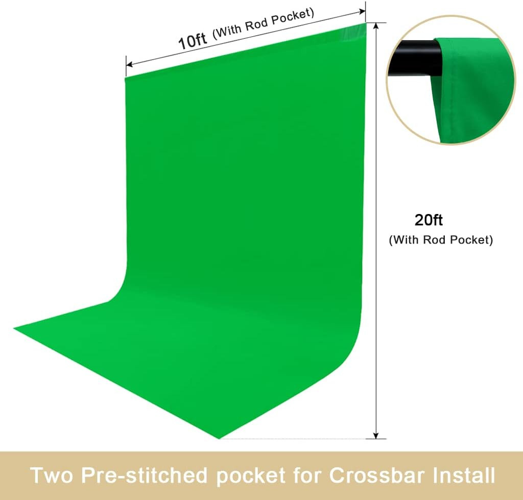 10X20Ft Large Green Screen Backdrop for Photography, Two Rod Pocket Chromakey C