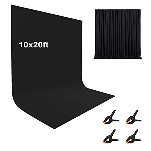 10x20ft Black Photography Backdrop Curtain, Polyester Fabric with 4 Clamps for E