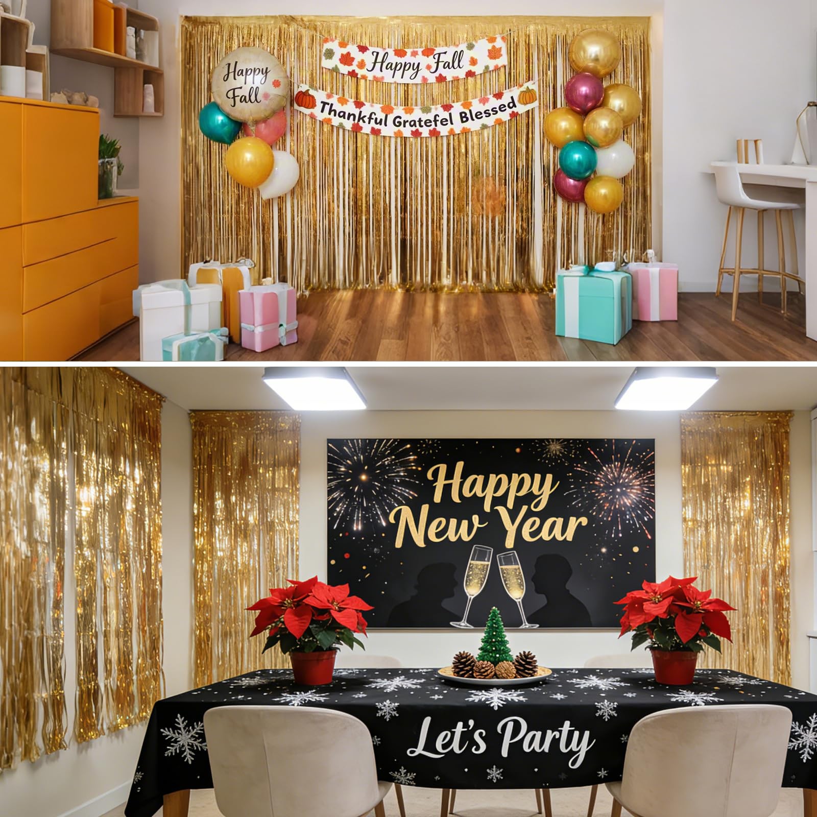 JEBUTU Gold Foil Fringe Backdrop Curtains 2 Pack 3.3×8.2 Ft Tinsel Streamer
