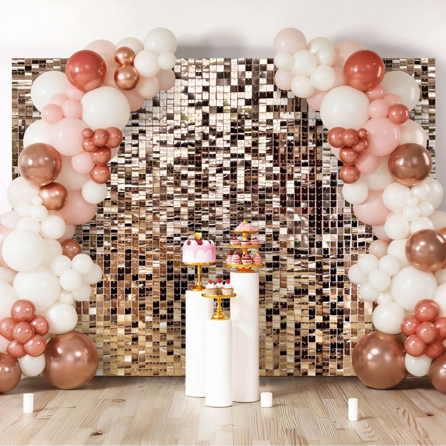 Microplushshop 48PCS Rose Gold Gold Shimmer Wall Backdrop Square Sequin Glitter