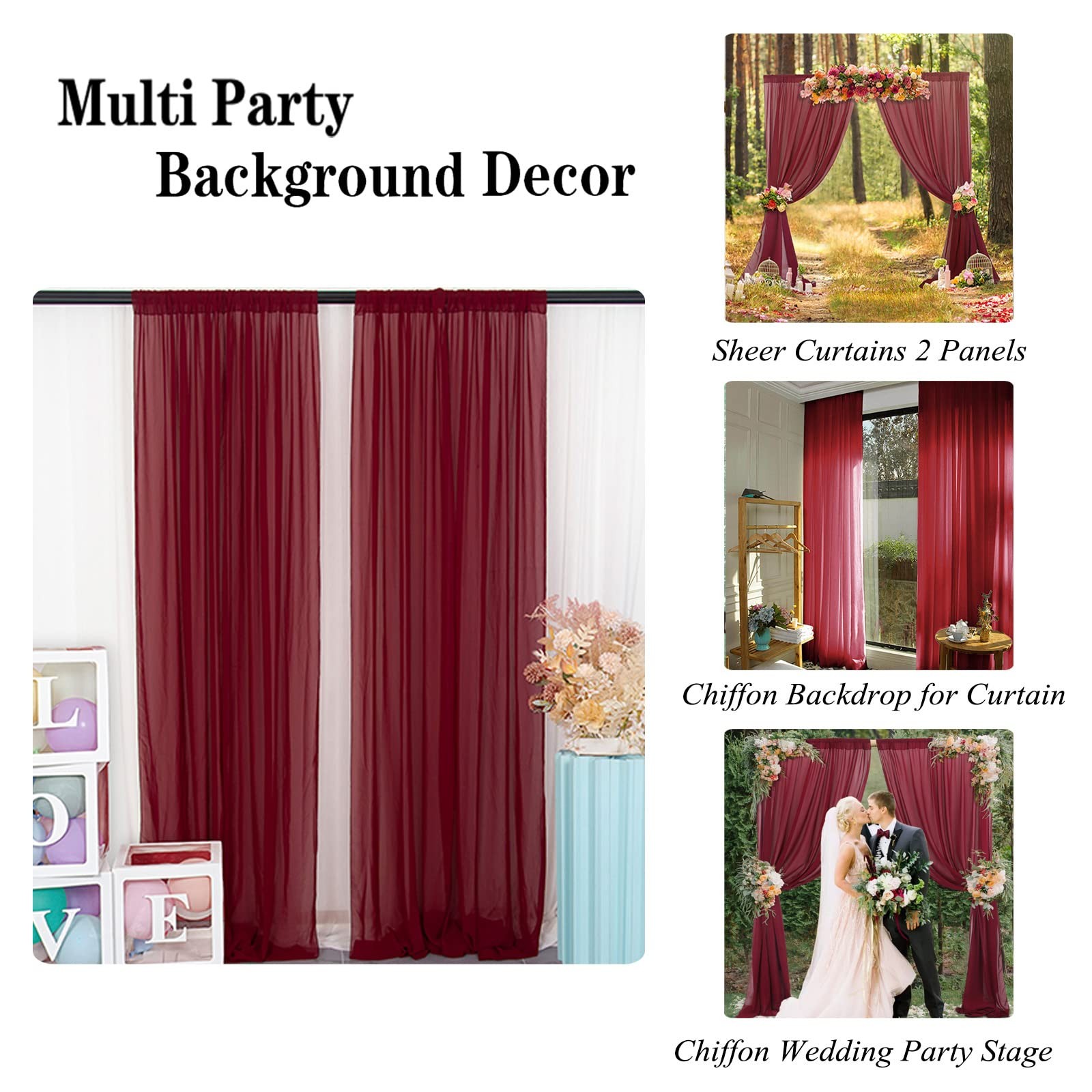2 Panel Burgundy Chiffon Backdrop Curtain 29×108 Inch Voile Drapes Party