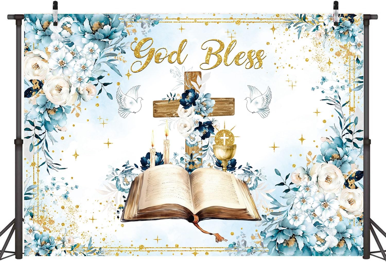 God Bless Backdrop 7x5FT First Holy Communion Baptism Blue Flower Cross Photo