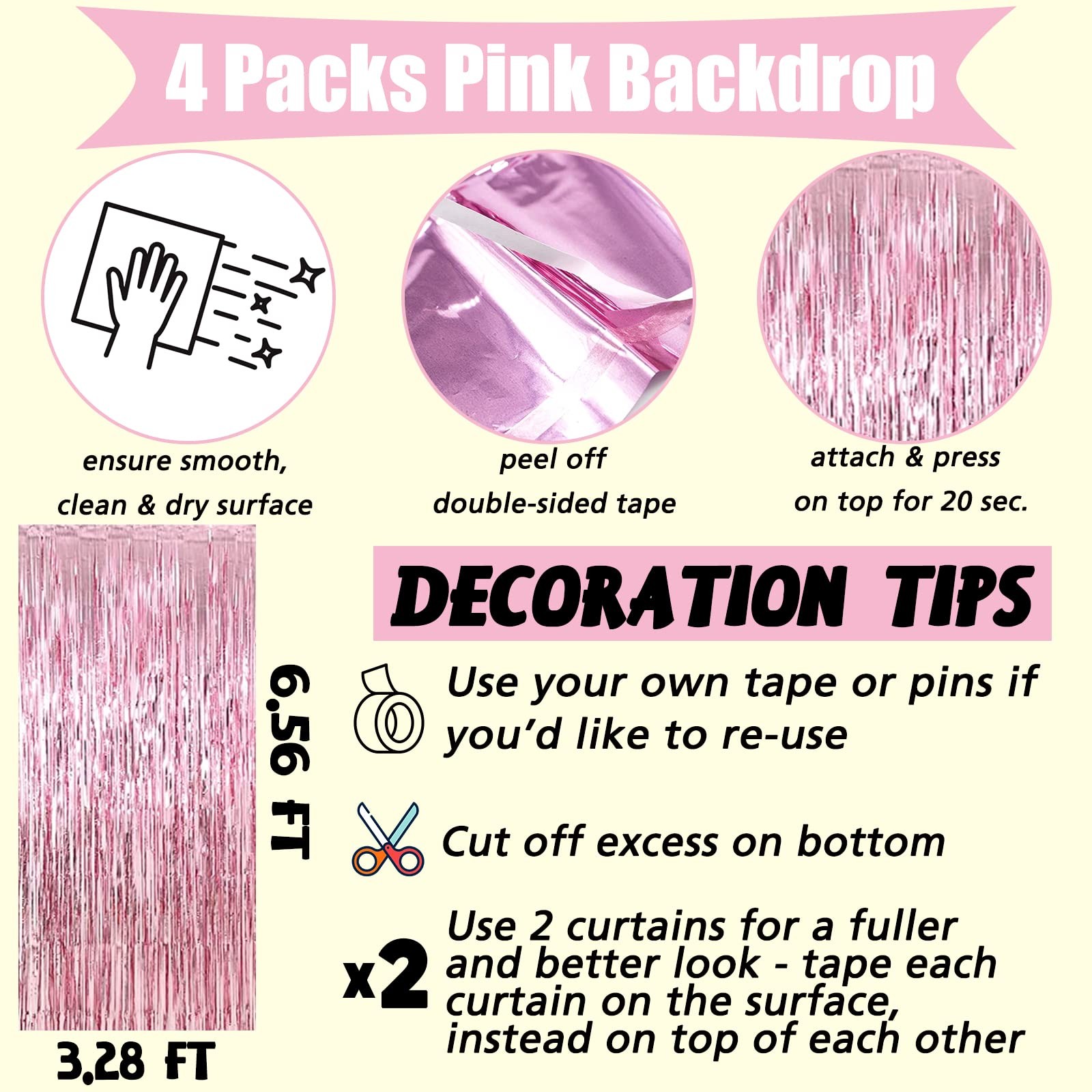 4 PCS Pink Foil Fringe Curtain Backdrop 3.2×6.6 Ft Metallic Tinsel Decor
