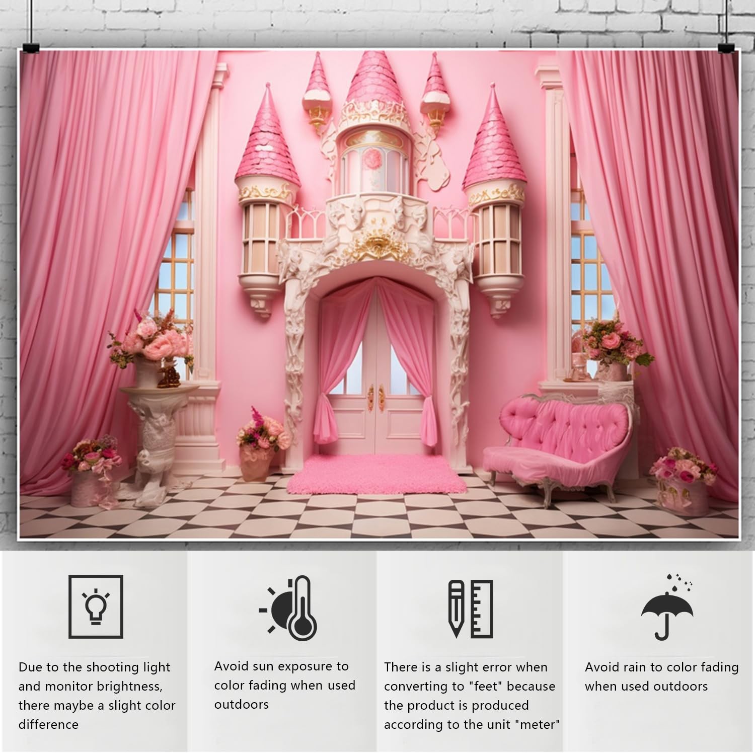 Pink Princess Castle Backdrop 10x5ft Sofa Flowers Vases Curtain Door Room Int…