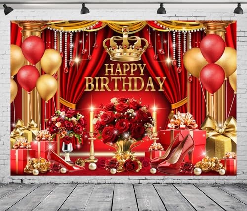 Red and Gold Birthday Backdrop for Happy Birthday Party Decorations, 5x3FT