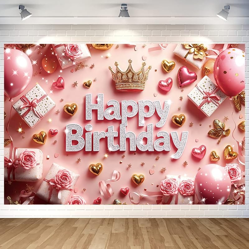 Pink Happy Birthday Backdrop Banner Gold 70.8 x 47.2 Inch,