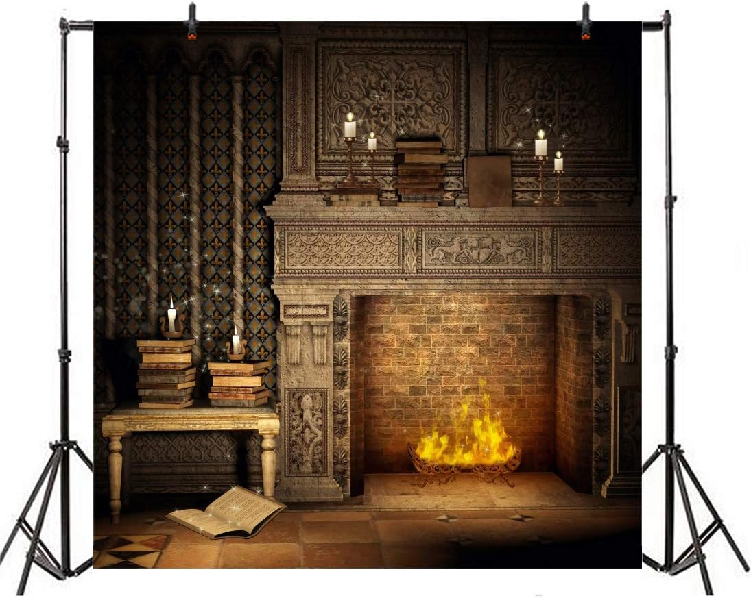 Magical Fantasy Room Vinyl Backdrop 10x10Ft with Fireplace & Books