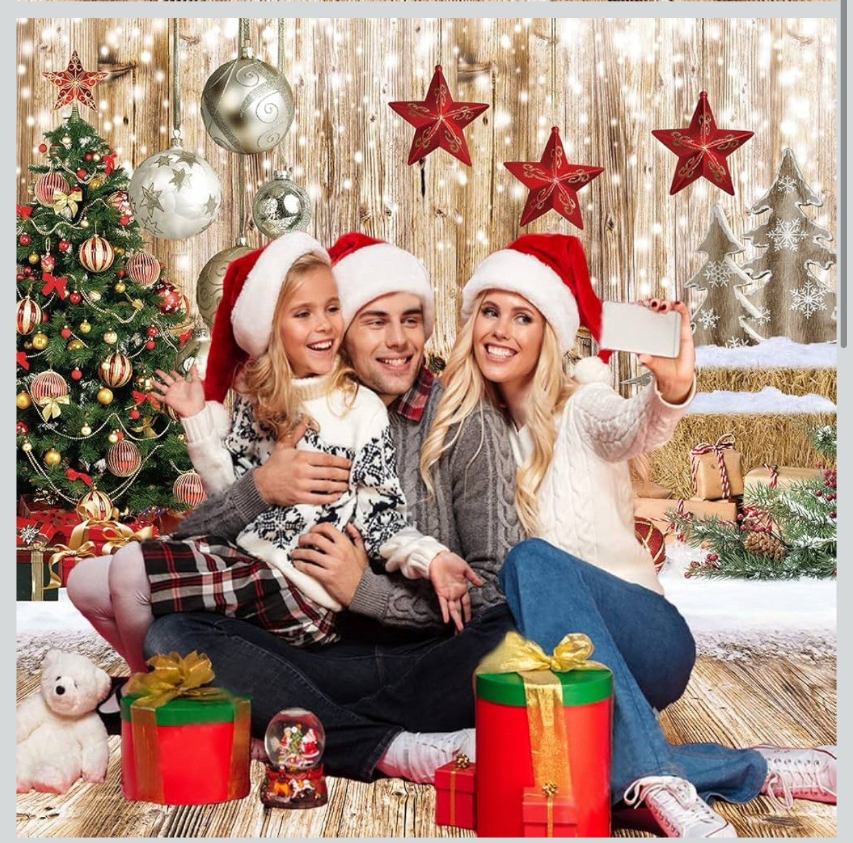 10’X10ft. Rustic Christmas Family photo Background backdrop- Snow, Tree, Gifts