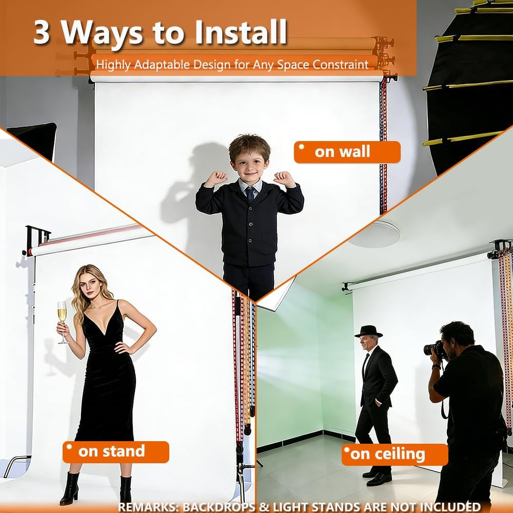 Photography Backdrop Wall Mount 3 Roller Support System,Manual Photo Background