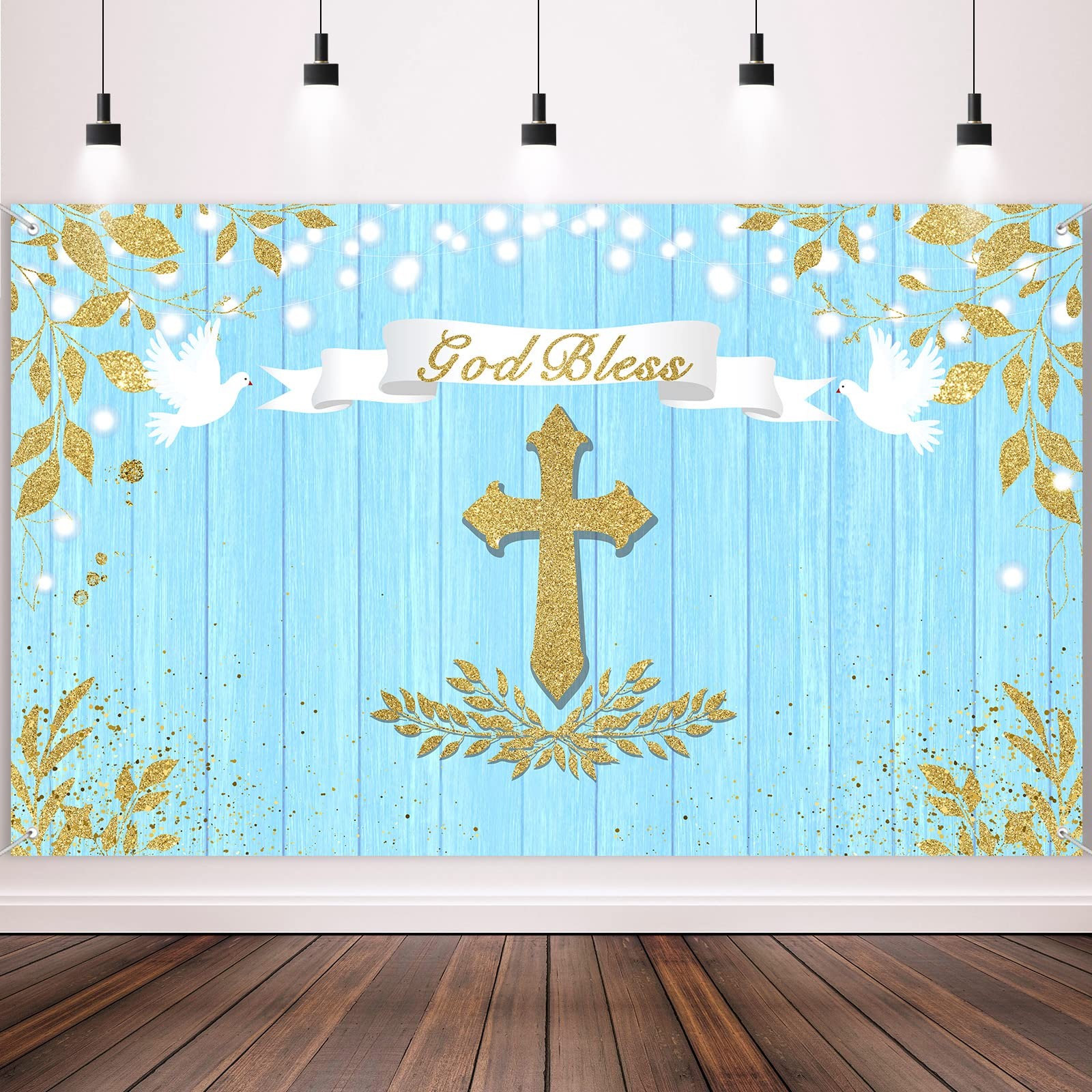 71 x 43 Inch God Bless Backdrop, Blue, Gold, Baptism, First Communion, Decor