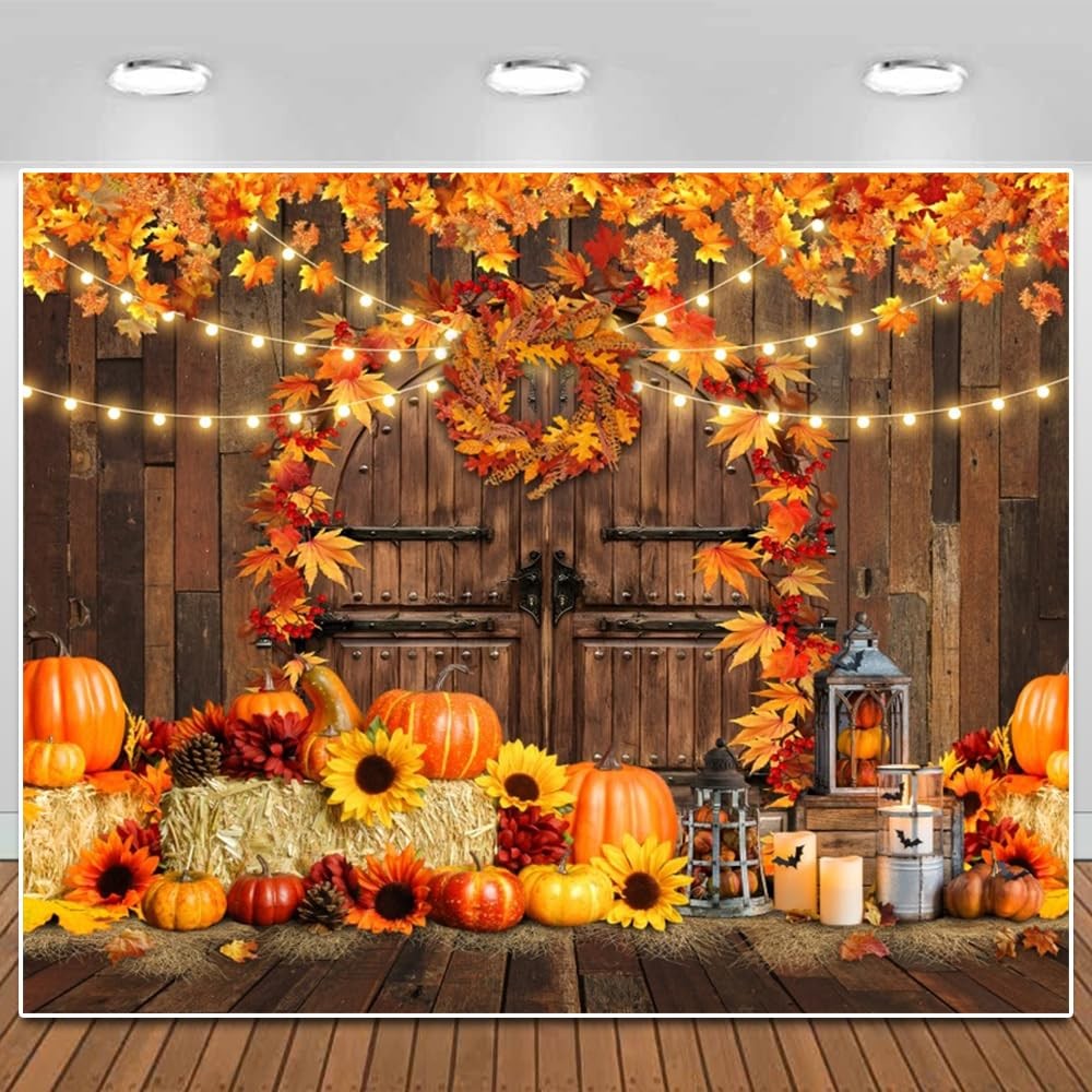 Fall Harvest Backdrop Fabric Wood Barn Thanksgiving Party Pumpkin 10×8 Ft