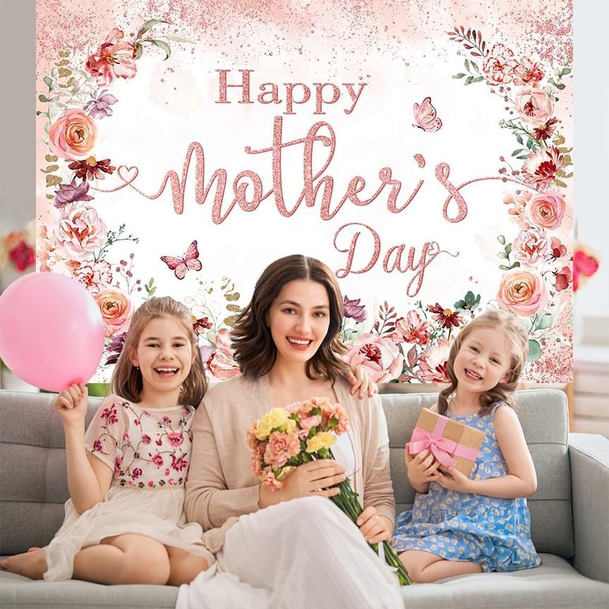 Mothers Day Backdrop Pink Floral Happy Mother’s Day Photo Background Rose Gold D