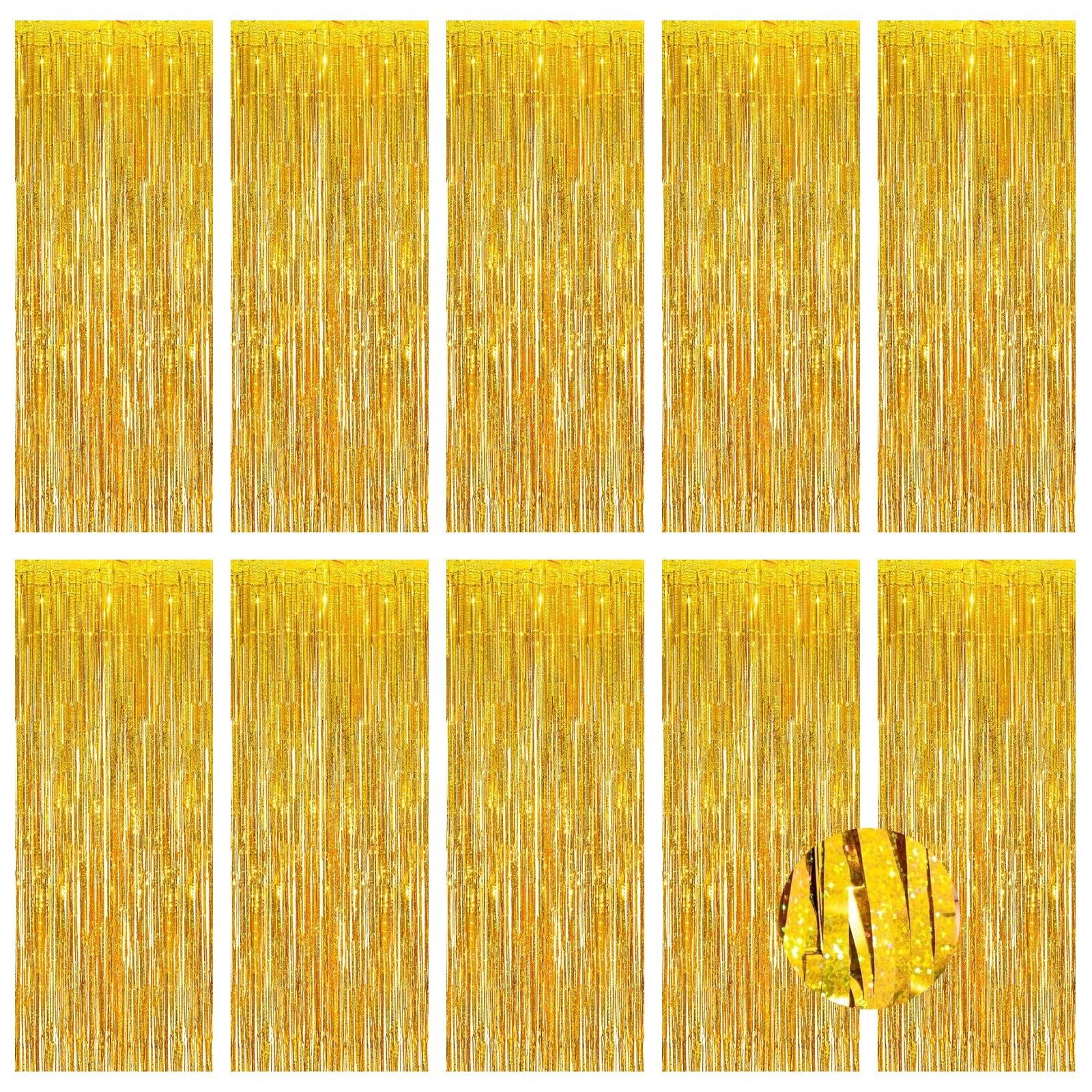 New Best 10 Pack Gold Foil Curtain Backdrop 3.2ft x 9.8ft Metallic Tinsel Fringe